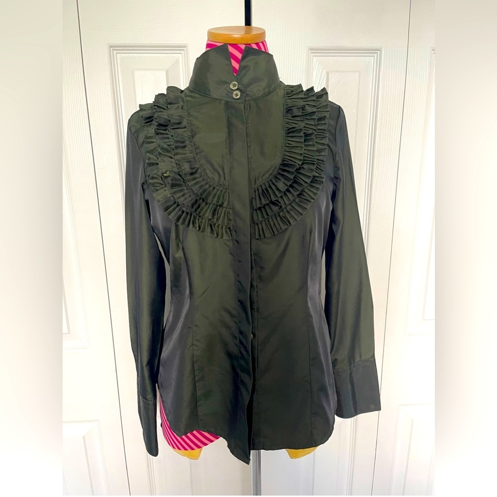 Olive Green Blouse w/Front Ruffles